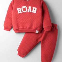 Simply Knit Full Sleeves Quilted Winter Wear Sweatshirt & Lounge Pant Set with Text Patch Detailing - Red-picture-13
