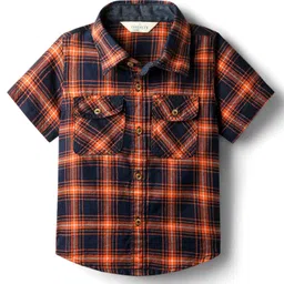 INFINITY Cotton Woven Half Sleeves Tartan Checked Shirt - Navy Blue & Rust Orange-picture-30