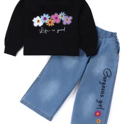 OLLINGTON ST. Cotton Half Sleeves Printed Top & Denim Pant Set With Inner Top - Black & Blue-picture-21