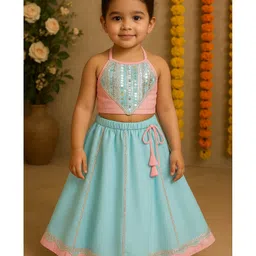 Saka Designs By Sapna Cotton Blend Woven Sleeveless Sequins Embellished Halter Neck Lehenga Choli Set - Aqua Blue & Pink-picture-13