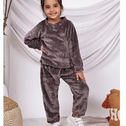 NEUDIS Fleece Knit Full Sleeves Fur Detailed Top & Trousers Set - Charcoal Grey-picture-14