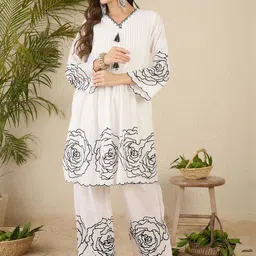 Indo Era Women Floral Printed Pleated Thread Work Pure Cotton Kurta with Trousers image 5