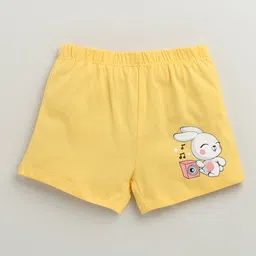 BUMZEE Cotton Knit Above Knee Length Floral & Bunny Printed Shorts With Bow Applique Pack of 2 - Light Blue & Yellow image 2