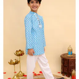 AJ Dezines Cotton Woven Full Sleeves Chevron Printed Gota Lace Embellished Kurta Pyjama Set - Blue image 4