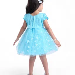 Babyhug Woven Half Puffed Sleeves Sequinned Party Dress With Floral & Butterfly Applique - Light Blue image 4