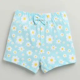 BUMZEE Cotton Knit Above Knee Length Floral & Bunny Printed Shorts With Bow Applique Pack of 2 - Light Blue & Yellow image 4