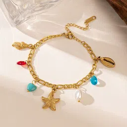 MYKI Stainless Steel Gold-Plated Artificial Stones Studded & Beaded Charm Bracelet-image-91