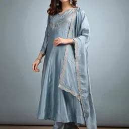 all about you Women Ethnic Motifs Embroidered Regular Thread Work Kurta with Trousers & With Dupatta image 4