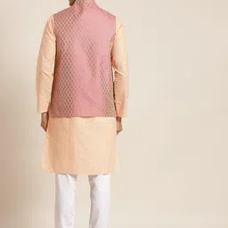 SOJANYA Men Peach-Coloured Chikankari Pure Cotton Kurta with Churidar & Nehru Jacket image 4