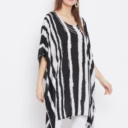Ruhaans Black & White Striped Georgette Kaftan Longline Top image 3