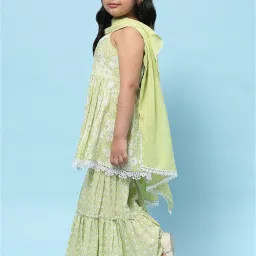 BIBA Girls Light Green & White Printed Kurta, Sharara with Dupatta image 4
