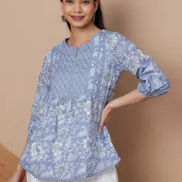 Melange By Lifestyle Blue Cotton Regular Fit Printed Tunic-picture-29