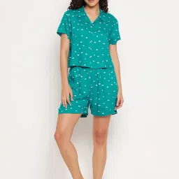 Clovia Teal Blue Polka Dots Crop Shirt Shorts Set-image-24