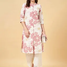 Rangmanch by Pantaloons White & Pink Cotton Floral Print Straight Kurta image 4