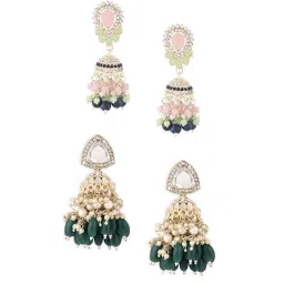 Zaveri Pearls Set of 2 Multicolor Stones Beads Clustered Traditional Jhumka Earrings-ZPFK17984 image 4