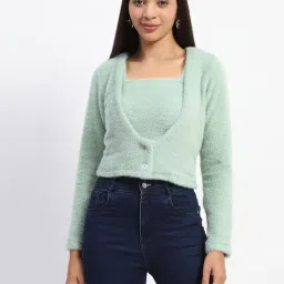 MADAME Light Green Cotton Textured Crop Top With Shrug-picture-19