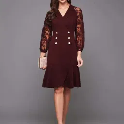 Miss Chase Wine V Neck Full Sleeves Blazer Knee Length Dress-image-39