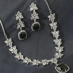 OOMPH Green American Diamond Sqaure Drop Pendant Necklace Set with Earrings-picture-35