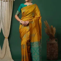 Satrani Mustard Yellow Woven Saree With Unstitched Blouse-image-85
