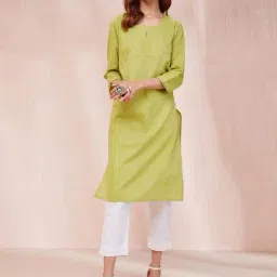 Fabindia Lime Green Cotton Straight Kurta-picture-34