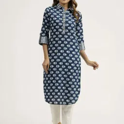 Jaipur Kurti Indigo Blue Cotton Printed Straight Kurta-image-30