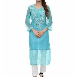 BEAUTY CHIKAN HANDICRAFTS Floral Embroidered V-Neck Mirror Work Georgette Kurta-image-10