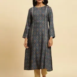W Blue Embroidered Straight Kurta-image-53