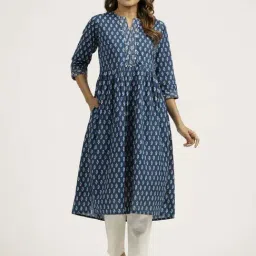 Jaipur Kurti Indigo Blue Cotton Printed Fit and Flare Kurta-image-29