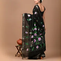 Crafts Moda Women Black Floral Linen Blend Block Print Saree image 2