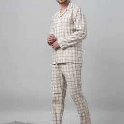 Hancock Beige Polycotton Relaxed Fit Checked Long Sleeves Night Suit image 4