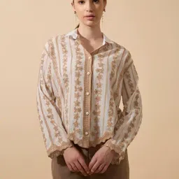 Showoff Beige Cotton Regular Fit Embroidered Shirt-image-45