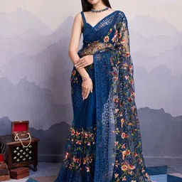 HERE&NOW Floral Embroidered Net Saree-picture-22