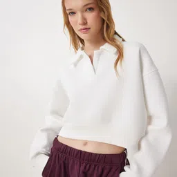Happiness istanbul Women Ribbed Shirt Collar Long Sleeves Oversized Crop Sweatshirt-picture-16