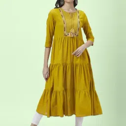 Rangmanch by Pantaloons Mustard Cotton Embroidered Flared Kurta-image-1