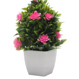 FOLIYAJ Green & Pink Artificial Plant with White Pot image 2