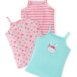 Babyhug 100% Cotton Knit Sleeveless  Slips Striped Floral & Bunny Print Pack of 3- Pink & Blue-picture-19