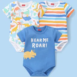 Babyhug 100% Cotton Knit Half Sleeves Onesie With Animal Print Pack of 3 - Multicolor-picture-15