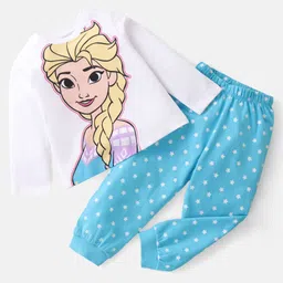 Babyhug Disney Single Jersey Knit  Full Sleeve Night Suit with Frozen Princess Graphics - White & Blue-picture-13