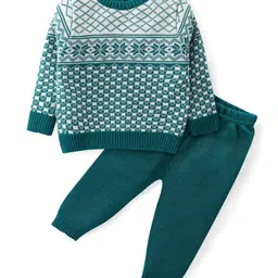 Babyhug Knit Full Sleeves Sweater Set with Argyle Design - Green-picture-24