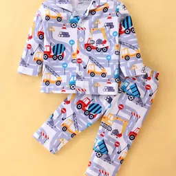 Little Darlings Cotton Knit Full Sleeves Night Suit With Construction Vehicles Print - White-picture-20