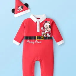 Babyhug Disney  Single Jersey Knit Full Sleeves Collared Romper with Cap & Mickey Mouse Graphics - Red-image-77