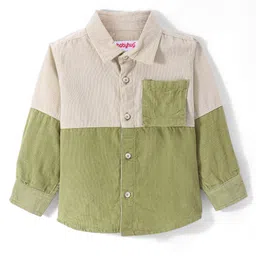 Babyhug Cotton Woven Full Sleeves Colour Block Courdroy Shirt - Olive Green & White-image-7