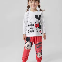 Babyhug Disney Cotton Knit Full Sleeves Night Suit With Minnie Mouse Graphics - Red & White-picture-27
