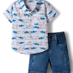 Babyhug Cotton Woven Half Sleeves Shirt & Denim Shorts Set with Sea Life Print - Blue & White image 1
