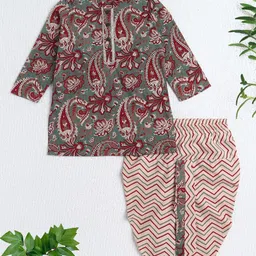 The Magic Wand Cotton Woven Full Sleeves Floral & Paisley Printed Kurta & Dhoti Set - Green-image-84