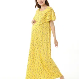 Bella Mama Cotton Half Sleeves Floral Print Nursing & Maternity Nighty with Concealed Zipper - Yellow image 3