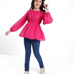 Pine Kids Full Sleeves Self Structure Solid Peplum Style Top - Fuchsia image 2