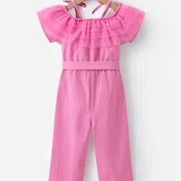 Mark & Mia Sleeveless Solid Jumpsuit With Bow Applique & Frill Detailing - Pink image 2