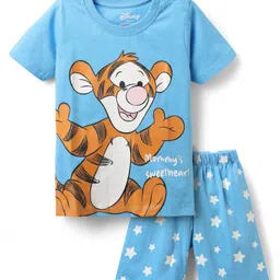 Babyhug Disney Single Jersey Knit Half Sleeves Shorts Night Suit With Winnie The Pooh Tiger Graphics - Light Blue image 2