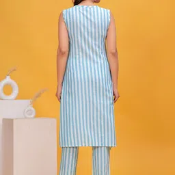 NAVYAAZRI Striped Notch Neck Sleeveless Pure Cotton Kurta With Trousers image 5